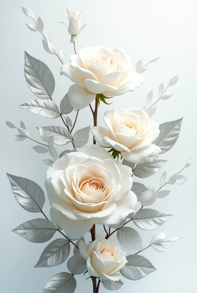 High definition,work of art,Official artistic aesthetic, white roses, 3D silver metallic leaves, Background transparent.