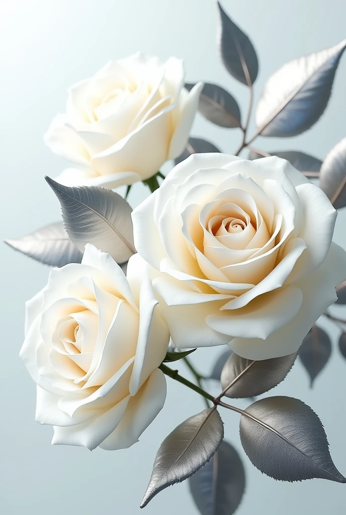 High definition,work of art,Official artistic aesthetic, white roses, 3D silver metallic leaves, Background transparent.