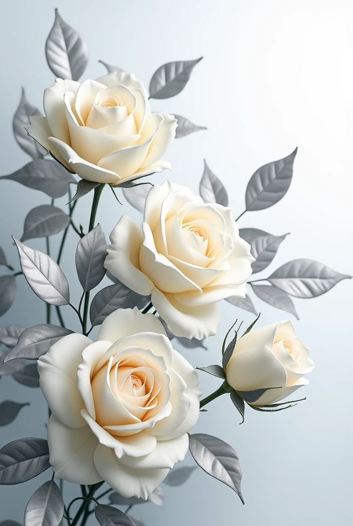 High definition,work of art,Official artistic aesthetic, white roses, 3D silver metallic leaves, Background transparent.