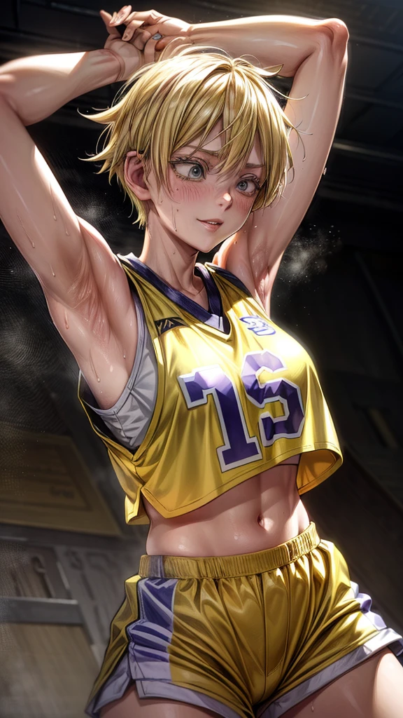 a close up of a person wearing a basketball uniform, a picture, inspired by Kentaro Miura, trending on pixiv, Saeko Tanaka, Haikyuu, yellow hair, short hair, wearing yellow nba jersey, yellow croptop nba jersey, wearing a low cut croptop, wearing croptop, croptop, written "Lakers" on the croptop, golden raito, (winking), shirobako, large)}], favorite scene, fine details. anime. skins, sweating, big breasts, both hands raised, armpits, armpits visible, dripping with sweat, more more sweat, sweaty armpits, seductive smile