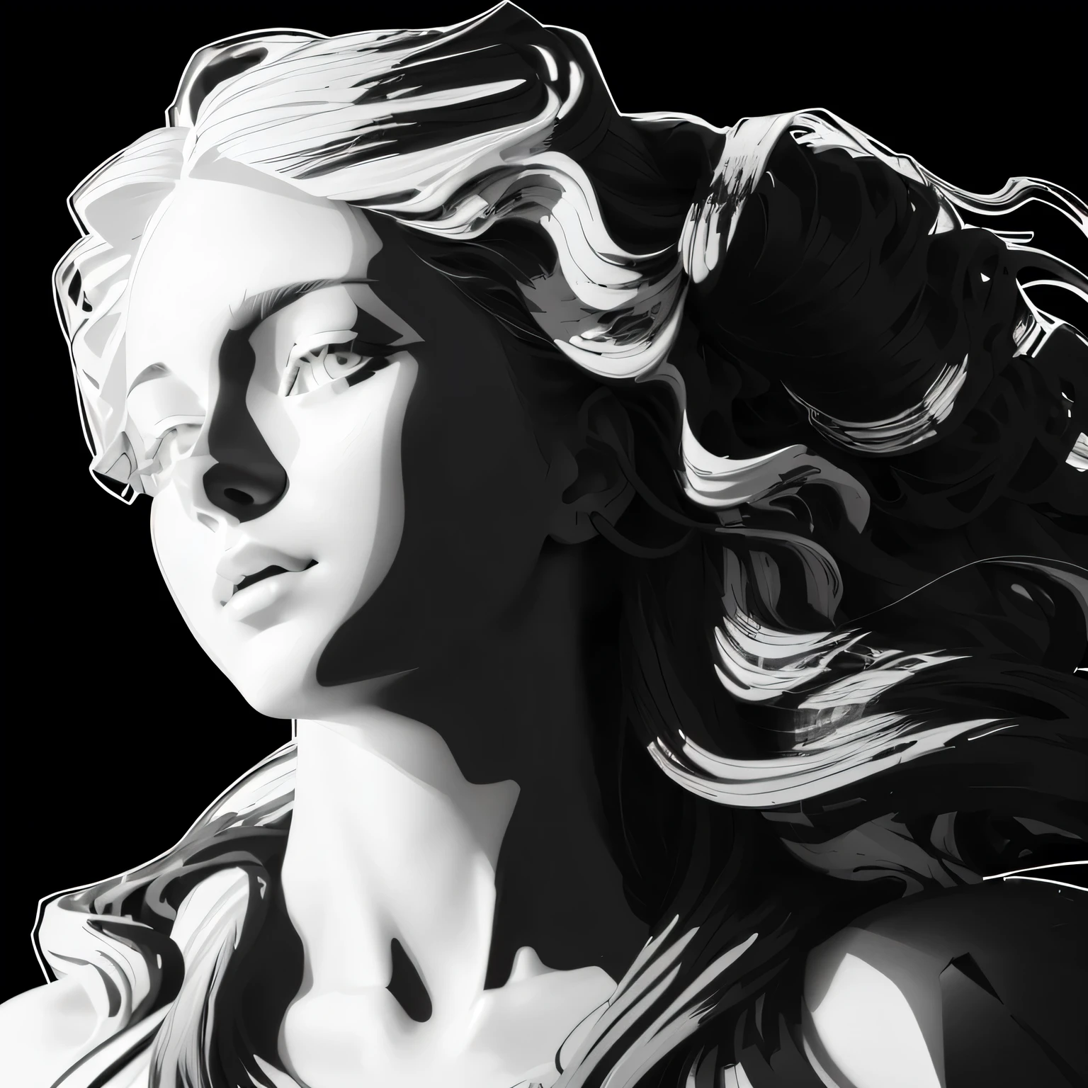 a close-up of a woman with long hair and a black and white image, Inspired by Gian Lorenzo Bernini, black and white vector art, baroque Digital paint, renaissance Digital paint, high definition vector art, Digital paint, 8k realistic bernini sculpture, vectorial art, 3D goddess portrait, low detailed. Digital paint, high detail Digital paint