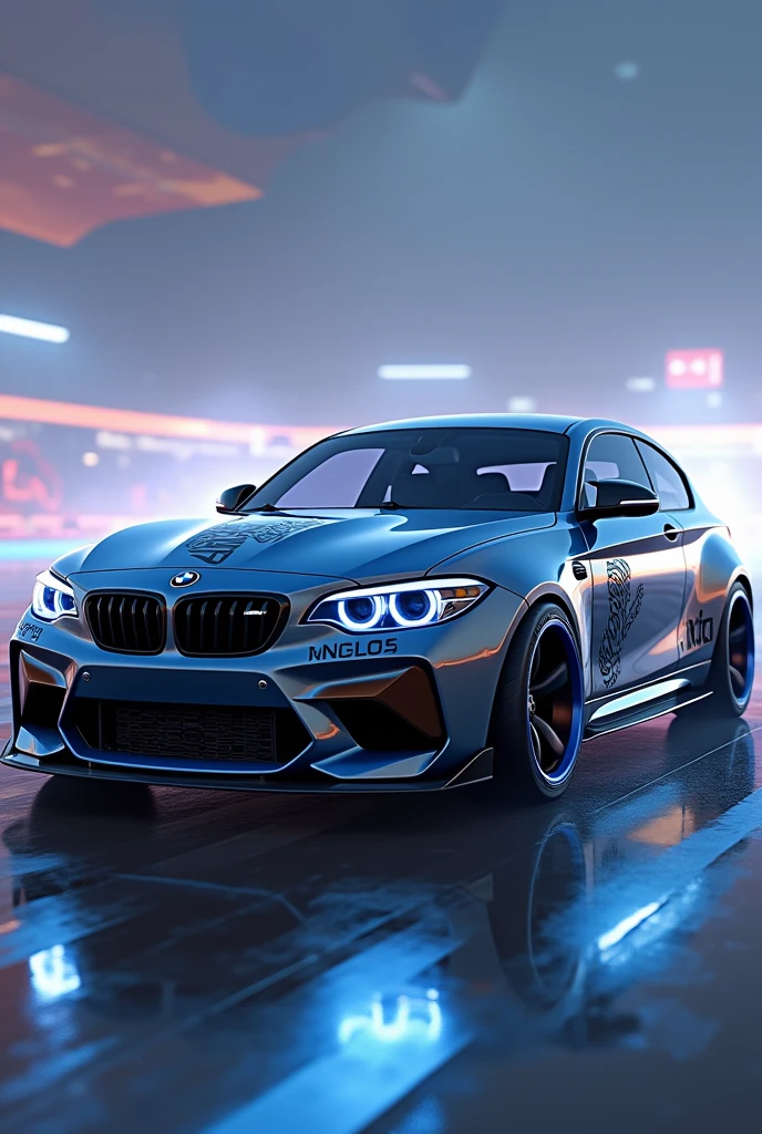 Create a bmw1 in RocketLeague, make a nice pattern with blue, black, grau, White Colors, on the sides a large sticker fogging