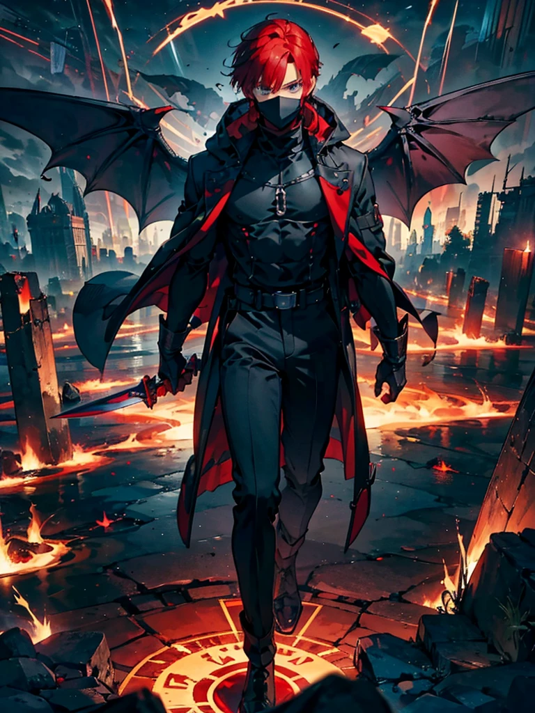 One young man wearing a mask,A faint magic circle floating in the sky,The blade that cleaves the darkness,The hero who confronts the destruction of the world,Wonderful fantasy,One boy with wine-red hair and twelve gleaming wings of blades,disaster々A horde of evil monsters,The decisive battle of fate