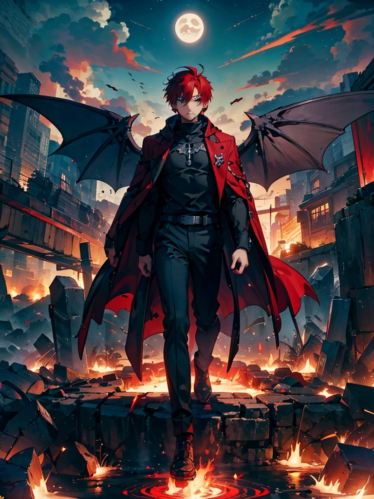 One young man wearing a mask,A faint magic circle floating in the sky,The blade that cleaves the darkness,The hero who confronts the destruction of the world,Wonderful fantasy,One boy with wine-red hair and twelve gleaming wings of blades,disaster々A horde of evil monsters,The decisive battle of fate