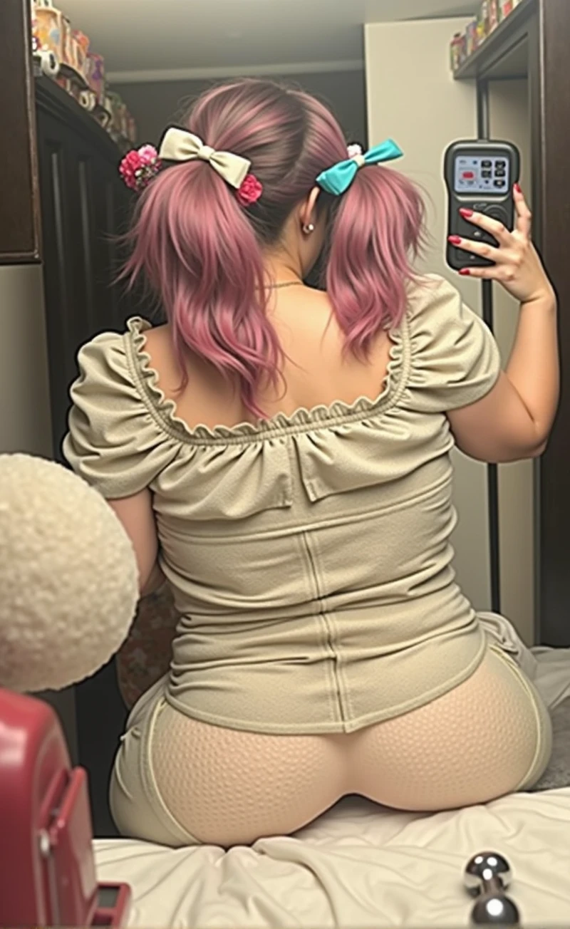 woman with pink hair taking a picture of herself in the mirror, wearing pink hair bow, pigtails, colorful pigtail, wearing underwear, with pink hair, wearing pink panties, back of the hair, roses in her hair, pink hair covered with hairpins, view from the back, curvy and bow, shot from the back, thick bow, insanely inflated hips, beautiful girl, big ass, huge ass, bbw, from behind, thick, thick thighs, wide hips, bbw, big , sideboob, giant ass, side view, big butt, round butt, tight underwear, underwear halfway off, underwear taking off, grabbing ass, ass spilling over underwear, too thick for clothes, side angle, chubby stomach, big , filipina, naked fat ass on sink riding a dildo