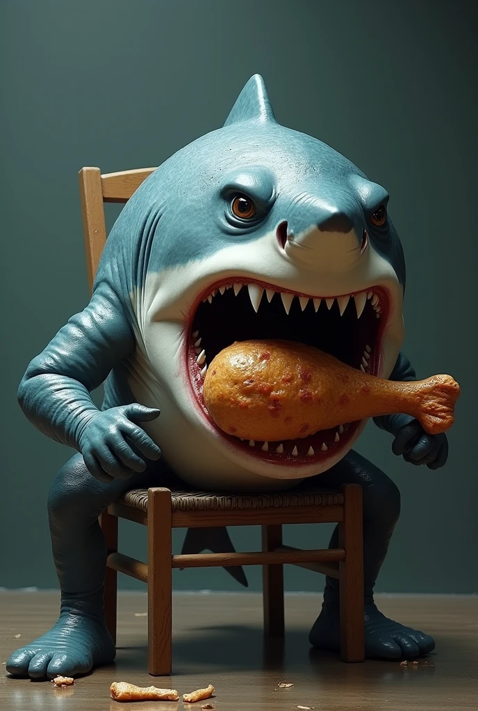 strong shark eating a chicken leg, with a malicious face, very powerful, out of the water, while sitting on a chair, eating food.