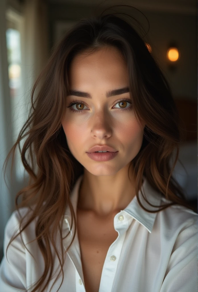 fille sexy aux yeux bruns, longs cheveux bruns et grands yeux, selfie d&#39;une jeune femme, Yeux de chambre, violette myers, sans maquillage, maquillage naturel, Tournez-vous pour regarder la caméra, Visage avec Artgram, Maquillage subtil, Superbe photo du corps entier, chemisier blanc, 25 ans