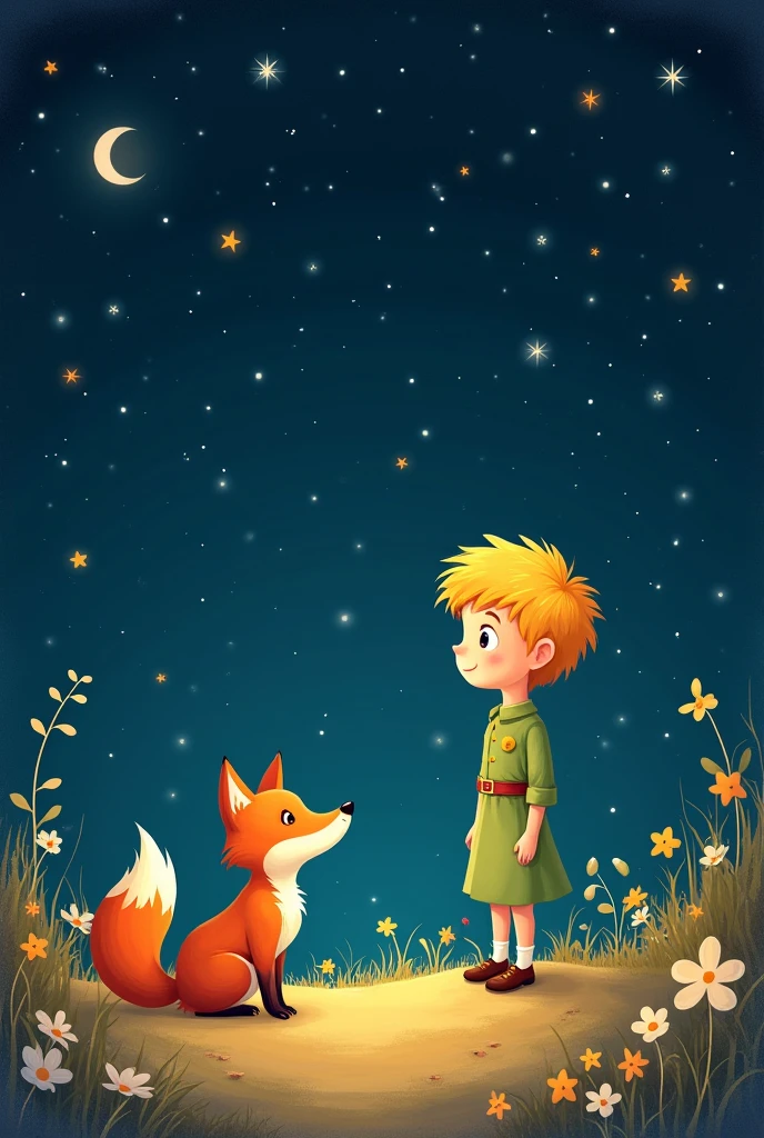 Little Prince Theme, for party card , with stars, The Little Prince and the Fox, smaller than the boy,  and fox