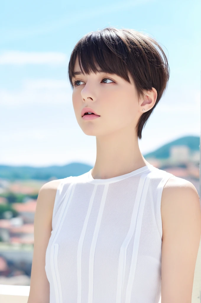 {{a extremely delicate and beautiful girl}}, {{extremely delicate and beautiful girl}}, {{{soft focus}}}, {{{perfect details}}}, {{{detailed and beautiful}}}, close shot, looking away, depthoffield, look up to, beautiful detailed fullbody, longuette, {{{woman}}}, young, very short hair, spiked hair, wept bangs, grey hair, Perfect face, ?, detailed beautiful eyes, white skin, piercing, harajuku fashion, sleeveless shirt, open clothes, landscapes, white background, blurry background, cinematic lighting, flowing transparent white, {{{best masterpiece}}}, {{{best quality}}}, {{{extremely detailed 8K wallpaper}}},