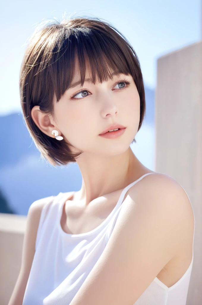 {{a extremely delicate and beautiful girl}}, {{extremely delicate and beautiful girl}}, {{{soft focus}}}, {{{perfect details}}}, {{{detailed and beautiful}}}, close shot, looking away, depthoffield, look up to, beautiful detailed fullbody, longuette, {{{woman}}}, young, very short hair, spiked hair, wept bangs, grey hair, Perfect face, ?, detailed beautiful eyes, white skin, piercing, harajuku fashion, sleeveless shirt, open clothes, landscapes, white background, blurry background, cinematic lighting, flowing transparent white, {{{best masterpiece}}}, {{{best quality}}}, {{{extremely detailed 8K wallpaper}}},