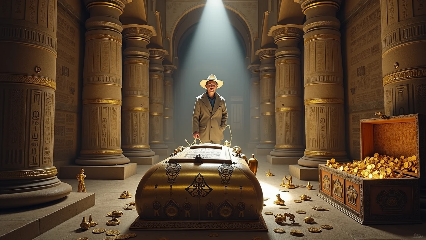 An exciting cinematic scenario of Howard Carter, the archaeologist, uncovering the tomb of Tutankhamun, the king of Ancient Egypt. The archaeologist holds a flashlight, revealing the splendid golden sarcophagus at the back of the room, surrounded by hieroglyphs and intricate details, luxurious golden vases with symbols of ancient Egypt, an open chest with golden coins and golden statues. The environment is a mix of adventure and mystery, with a soft light penetrating the darkness, which emphasizes the beauty and importance of discovery., cinematographic, photographic, architectural, architecture, photo, cinemati