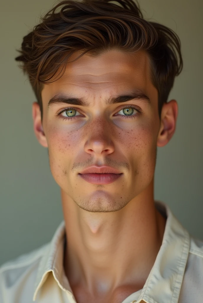 light skinned man, short brown hair, with green eyes and slightly freckled