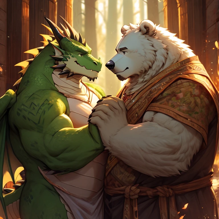 green furry dragon with two small horns, The bear is a normal looking polar bear, the dragon and the bear will be looking at each other tenderly while holding hands, I want the image to look like something hand-drawn