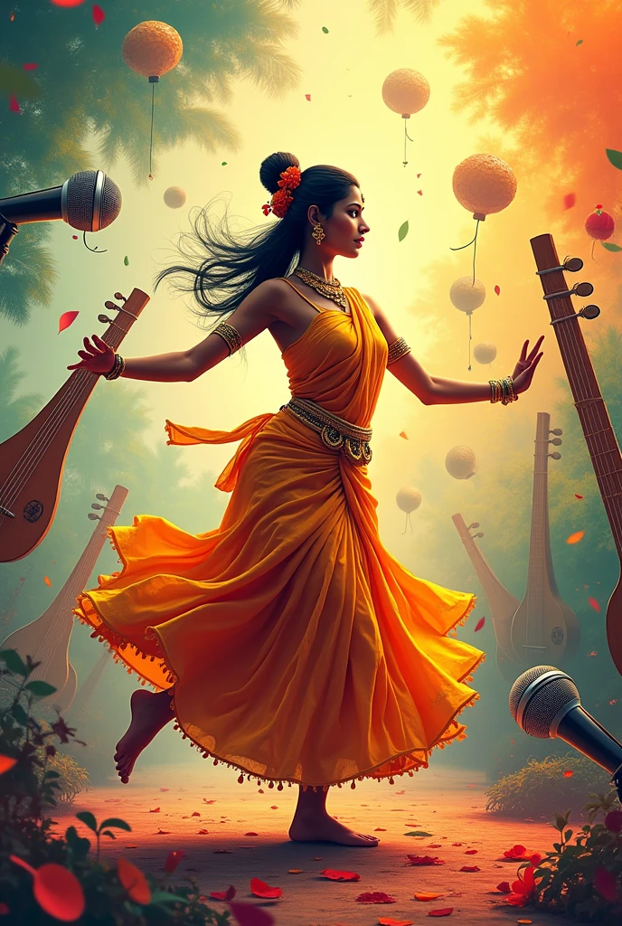Please generate a poster background with instrument Veena, a microphone, a girl dancing mohiniyattam , a painting brush please include all these as background images maybe like watermark.. everything happening at different places different stages  please add Kerala touch the kalolsavan thingy do not make it look ai generated make it look natural please add more microphones and paint brushes and paint
