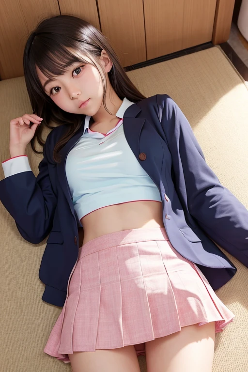 A cute Japanese high school girl taking a nap、Her skirt flips up and her panties are visible。Sweaty inner thighs