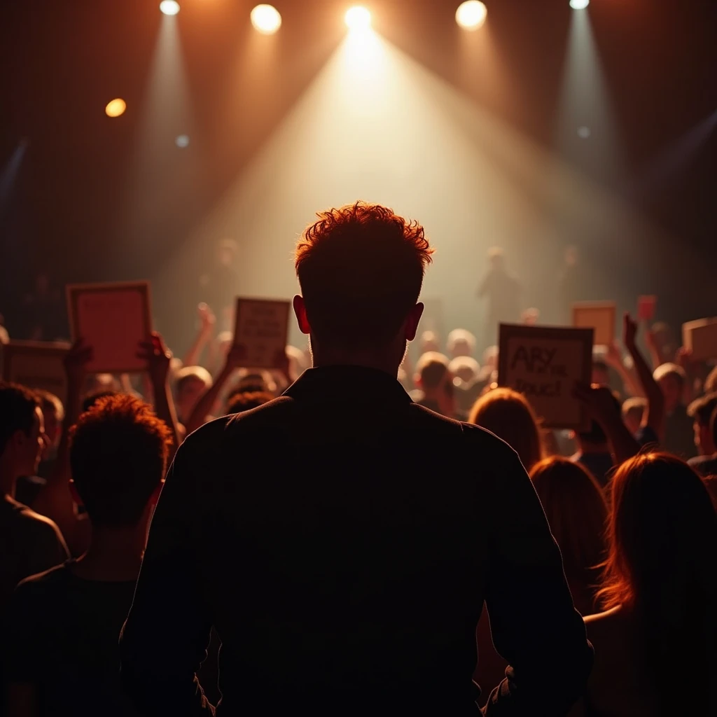 Silhouette of a red-haired man singing on a stage with many excited people holding signs watching him.