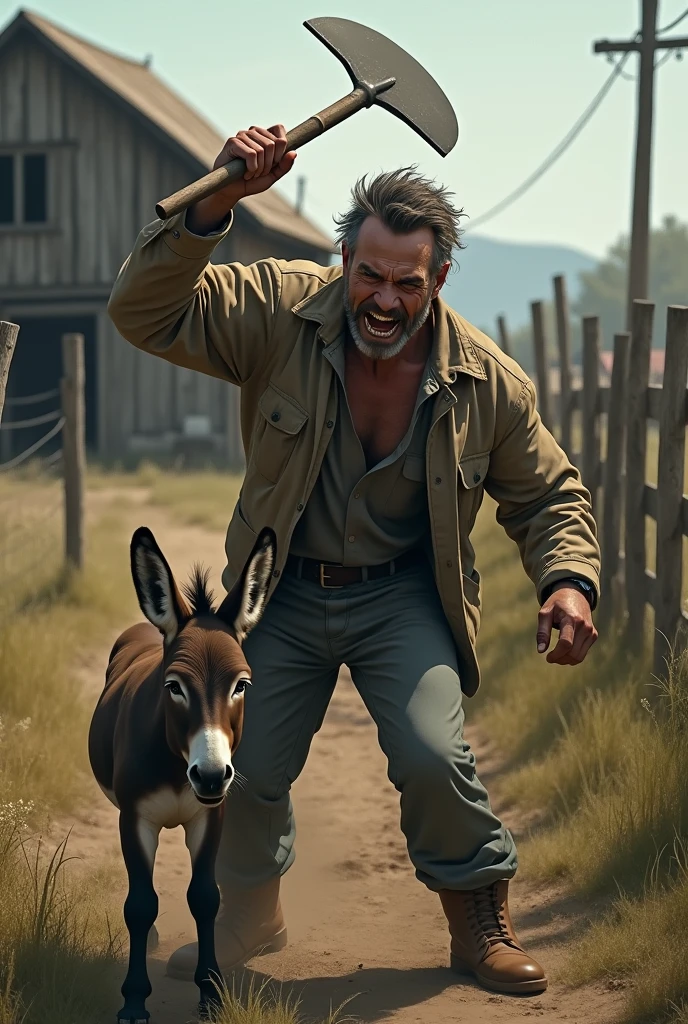 man in his fifties with an angry face on the farm hitting his donkey with a shovel
