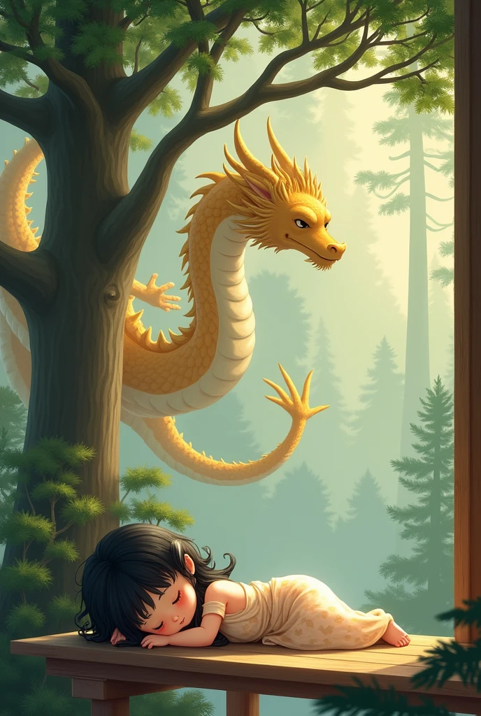 Space black-haired fairy child wearing kimono smiling lying on wooden table sleeping under pine tree in wooden Zen temple in forest，Overlooking the giant golden dragon, it gently protects.