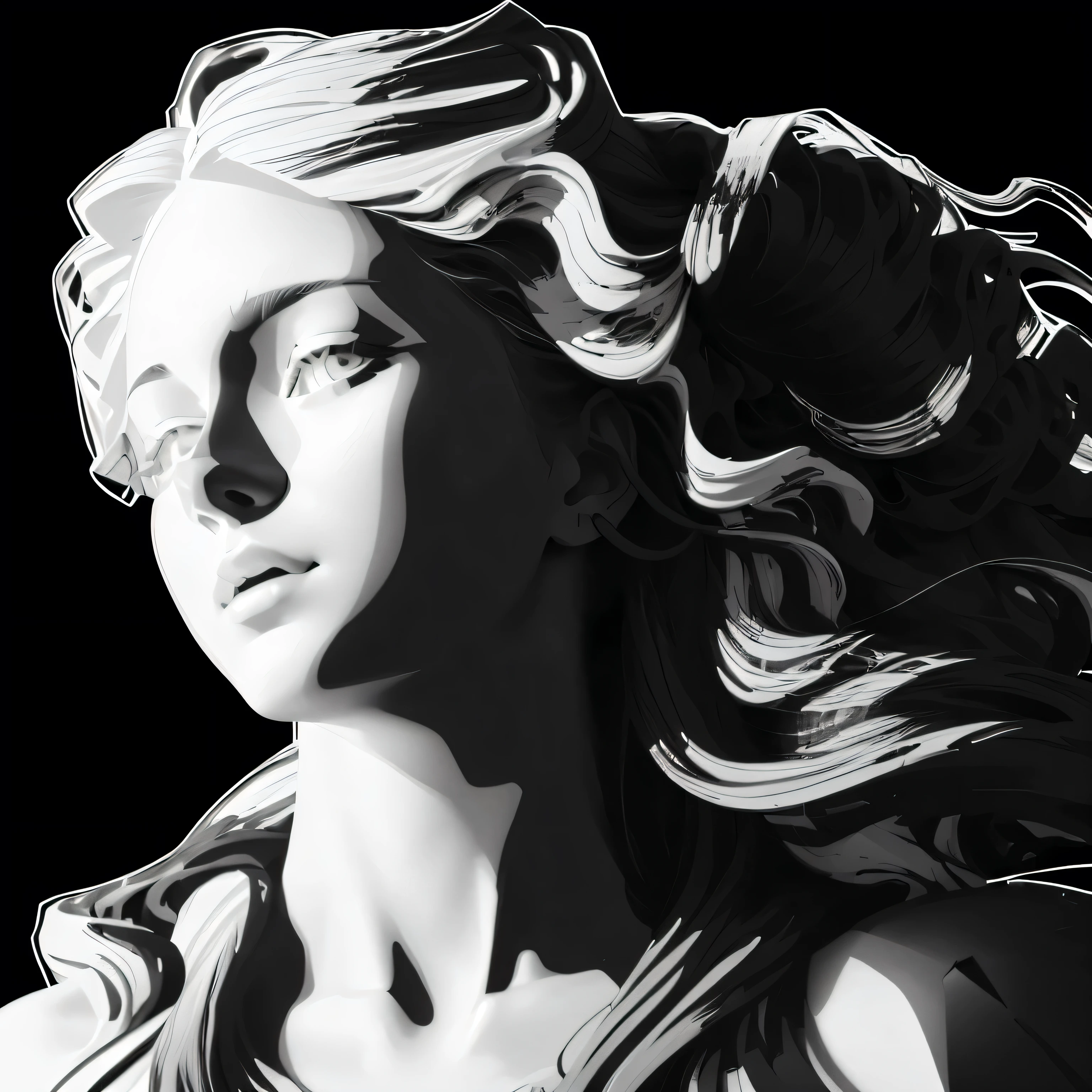 a close-up of a woman with long hair and a black and white image, Inspired by Gian Lorenzo Bernini, black and white vector art, baroque Digital paint, renaissance Digital paint, high definition vector art, Digital paint, 8k realistic bernini sculpture, vectorial art, 3D goddess portrait, low detailed. Digital paint, high detail Digital paint