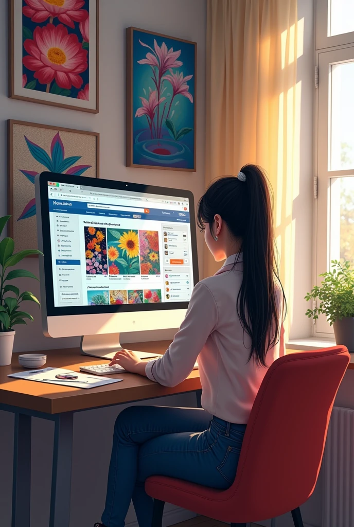 A talented artist, Mousumi, with long dark hair tied back, is in a modern, well-lit room filled with her vibrant paintings displayed on the walls. She is seated at a desk with a computer showing an online art store platform. The screen displays numerous sold artworks with high price tags and a chart showing increasing sales. Around her, there are notifications of sales and positive reviews popping up on the screen. The room exudes a sense of success and prosperity, reflecting her thriving online art business
