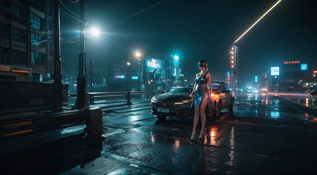 (aerial view, a flying cars docking platform, a very dark abandoned futuristic city, neon lights), rainy night. 1girl, solo, alone, large-breast:1.2 slim body, cleavage:1.1, sexy wind blowing wet dress:1.4, (headphone, black sunglasses), (((((she raised:1.8 a rifle:1.8 and took aim at viewer))))), dynamic pose, (((half-body thigh level medium shot))), cinematic lighting, lens flare, ray tracing.