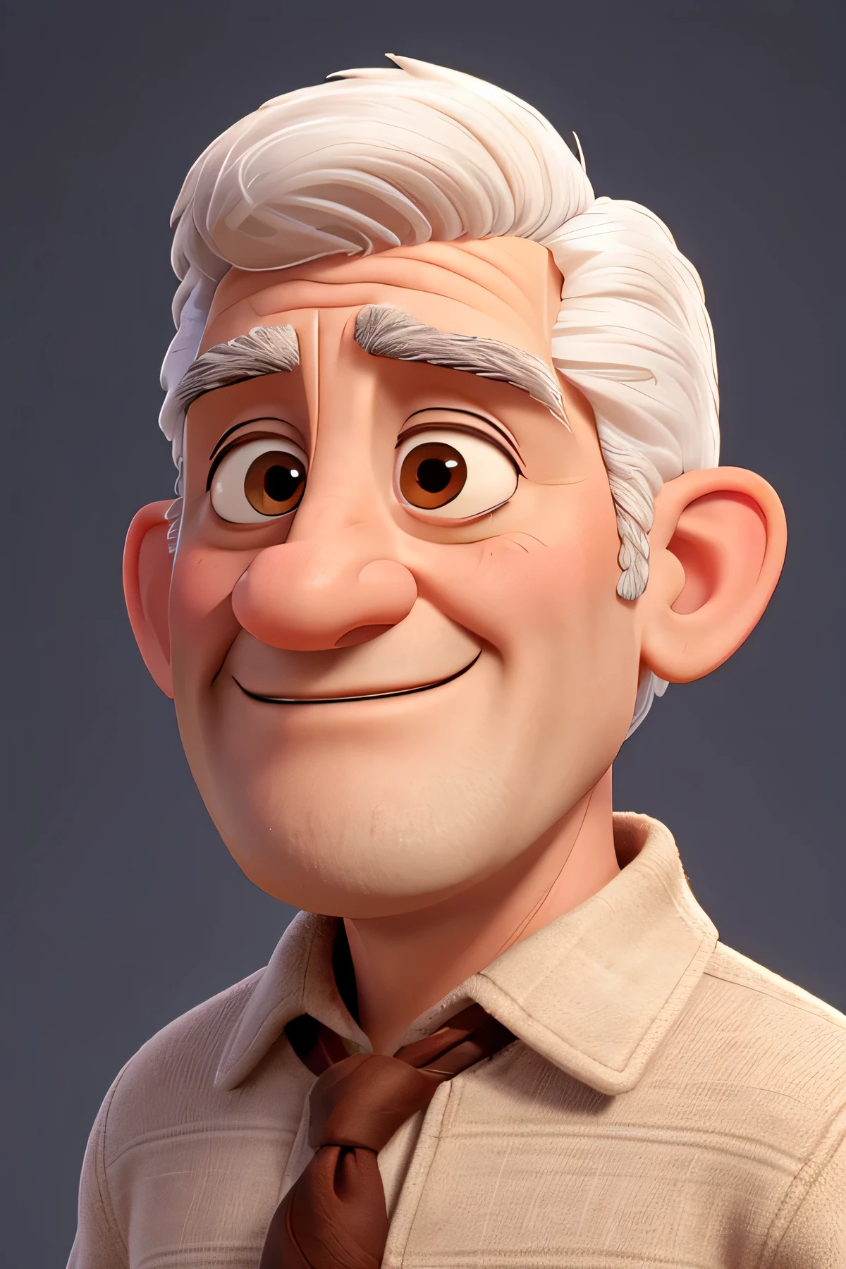 Portuguese-looking gentleman, Square face, small chin, eyes with wrinkles and large dark circles, large nose, large ears, white hair, shorth hair, short hair, Frown lines on the face, small eyes, Grinning, looking 60 years old, slightly chubby face, Portuguese descent, no back ground