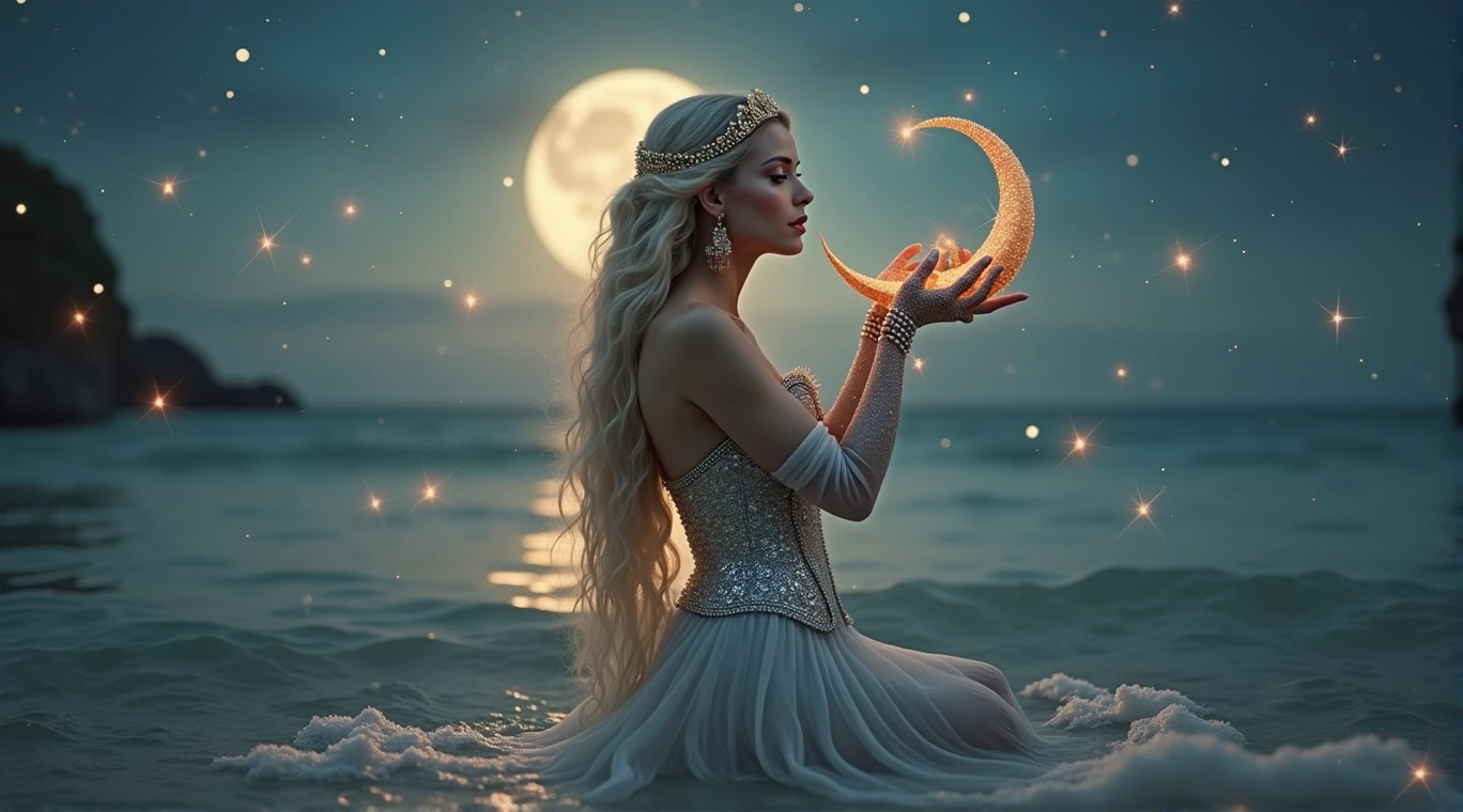 A hyperrealistic and deeply fantastical image of a woman who represents the zodiac sign of Cancer. Her hair, long and wavy, it is adorned with pearls and small seashells that reflect the moonlight. She wears a silver dress with a design reminiscent of the waves of the sea, with a corset decorated with details that imitate the claws of a crab, subtly intertwined with golden threads that shine like sand under the sun. Her makeup is mystical, with eyeshadow that recreates a nocturnal ocean, with sparkles of stars and lunar reflections, while her lips have a soft pearly sheen that evokes the reflected light in the water. In your head, a crescent moon-shaped tiara made of crystals that change color according to the light, reinforcing the connection with the moon and tides. In your hands, holds a beautiful half moon and tiny fireflies shine around it , with transparent gloves decorated with seaweed and bubble motifs, that extend to her elbows. The background is an ocean under the light of a bright full moon, with waves that seem to be suspended in time, shining with ethereal lights. Around the woman, The sky is full of shooting stars and constellations forming mystical patterns.. The scene is enveloped in a luminous mist that connects the sky with the sea, creating a dreamlike and magical atmosphere. Everything in the image, from the colors to the composition, it is designed to capture the aquatic essence, emotional and protective of Cancer, while the fantasy effects make the scene spectacular and unique, as if it were the work of a photographer of magical worlds. with bright magical lights, Warm and soft lighting, vibrant colors, ethereal and atmospheric, Very detailed, 8k, photorealistic, masterpiece