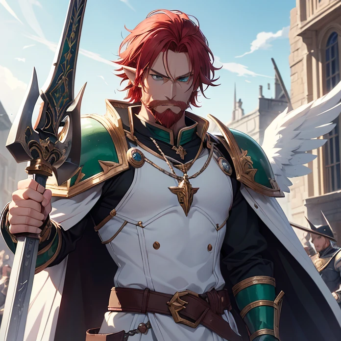 High Resolution, Anime, Character Design, Digital Art, HD, Best Quality, Masterpiece, Super Detailed, high fantasy, “warhammer 40.000 aesthetic”
{{character:900 years old male mature red-haired elf lord;(green eyes, fair skin, mediumlentgh red hair tied in a short tail with a ring, absolute masculine handsome elder, vert short red haired beard, sharp nose, closed mouth, serious expression, short pointy ears),(male white elvish power-super-armornoble jacket,white shoulderplates,white arms armor, white gauntlets, white belt, white hip armor, white inferior armor, white legs armor, white armored boots, white helmet with a winged crest, silver necklace),(holding a blue warhammer with left hand, holding an axe with right hand, protective and heroic pose),(big danish city at war, sunny morning, fire around the houses and buildings, elvish soldiers fighting each other at a civil war)}}