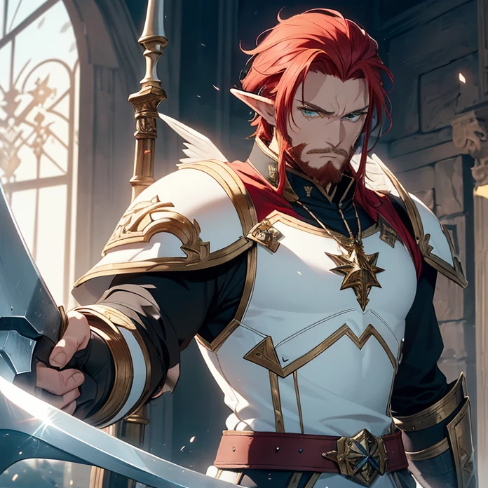 High Resolution, Anime, Character Design, Digital Art, HD, Best Quality, Masterpiece, Super Detailed, high fantasy, “warhammer 40.000 aesthetic”
{{character:900 years old male  red-haired elf lord;(green eyes, fair skin, mediumlentgh red hair tied in a short tail with a ring, absolute masculine handsome elder, vert short red haired beard, sharp nose, closed mouth, serious expression, short pointy ears),(male white elvish power-super-armornoble jacket,white shoulderplates,white arms armor, white gauntlets, white belt, white hip armor, white inferior armor, white legs armor, white armored boots, white helmet with a winged crest, silver necklace),(holding a blue warhammer with left hand, holding an axe with right hand, protective and heroic pose),(big danish city at war, sunny morning, fire around the houses and buildings, elvish soldiers fighting each other at a civil war)}}