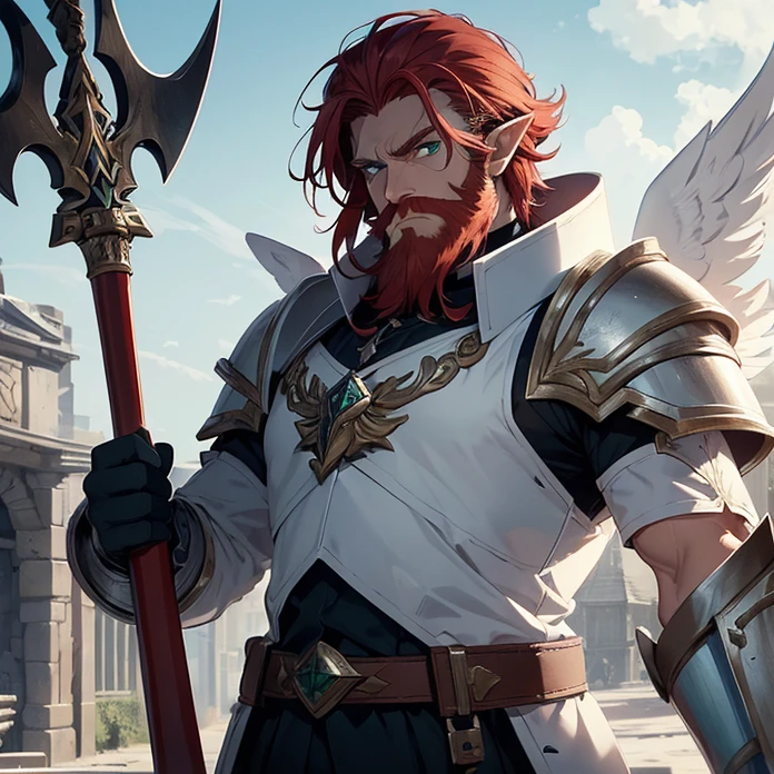 High Resolution, Anime, Character Design, Digital Art, HD, Best Quality, Masterpiece, Super Detailed, high fantasy, “warhammer 40.000 aesthetic”
{{character:900 years old male mature red-haired elf lord;(green eyes, fair skin, mediumlentgh red hair tied in a short tail with a ring, absolute masculine handsome elder, vert short red haired beard, sharp nose, closed mouth, serious expression, short pointy ears),(male white elvish power-super-armornoble jacket,white shoulderplates,white arms armor, white gauntlets, white belt, white hip armor, white inferior armor, white legs armor, white armored boots, white helmet with a winged crest, silver necklace),(holding a blue warhammer with left hand, holding an axe with right hand, protective and heroic pose),(big danish city at war, sunny morning, fire around the houses and buildings, elvish soldiers fighting each other at a civil war)}}