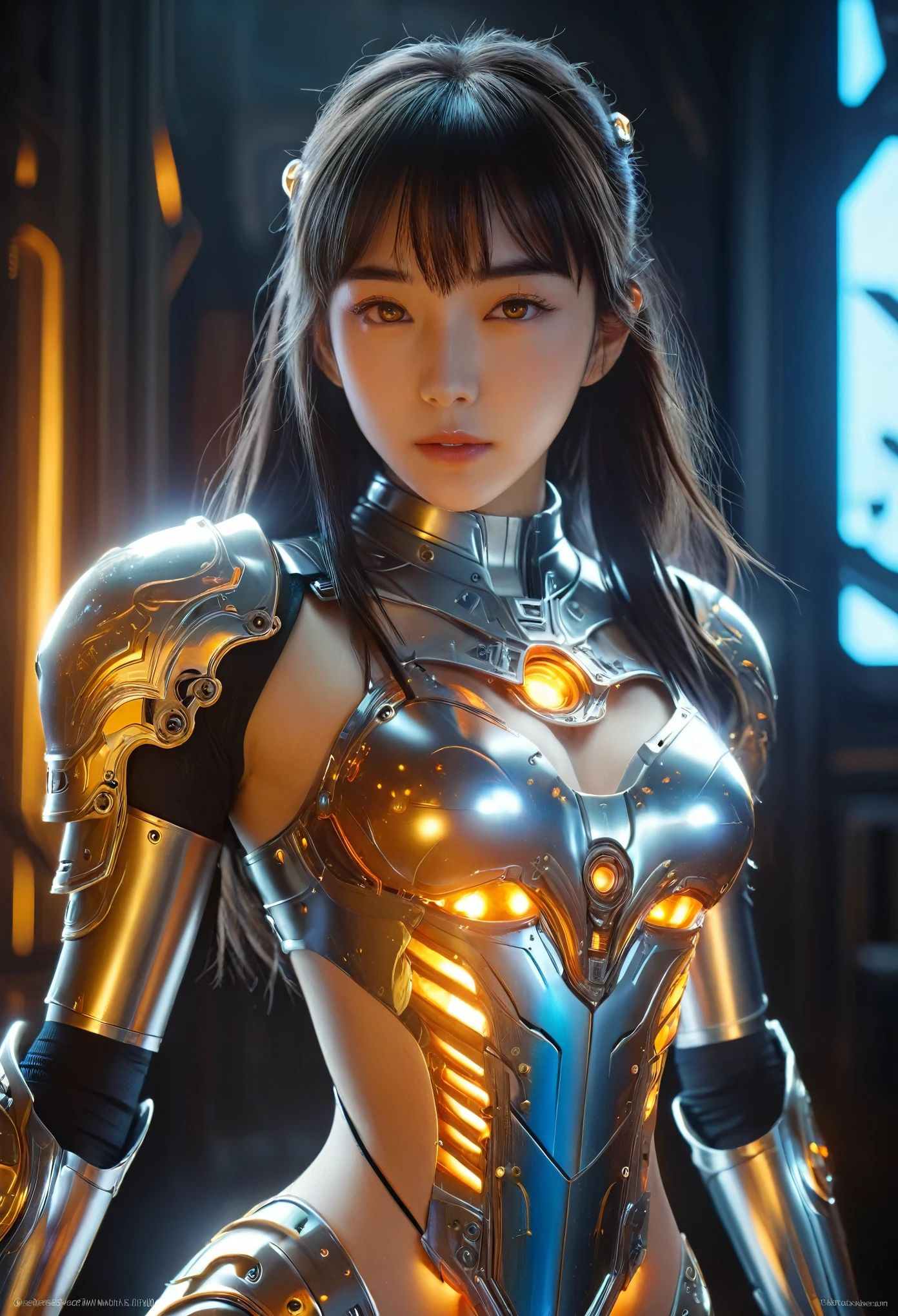 (Best Quality, 4K, 8K, High Resolution, Masterpiece: 1.2), (Super Detailed, Realistic, Photorealistic:1.37), A woman in futuristic clothing, Trending on cgstation, Trending on cgstation, (Portrait of a girl in the Knights of the Zodiac:1.4), blunt bangs, Cute Cyborg Girl, Perfect android girl, Portrait Astronaut Girl, Beautiful girl cyborg, (Girl wearing iridescent orange mechanical cyber armor:1.3), Game CG, cgsociety and fenghua zhong, Beautiful Cyborg Shrine Maiden, Bioluminescence, (Yua Yaiba:0.5), (Golden eyes:1.5), Anatomically correct grip, (Sharp and long claws:1.4), erotic and sexy, black  