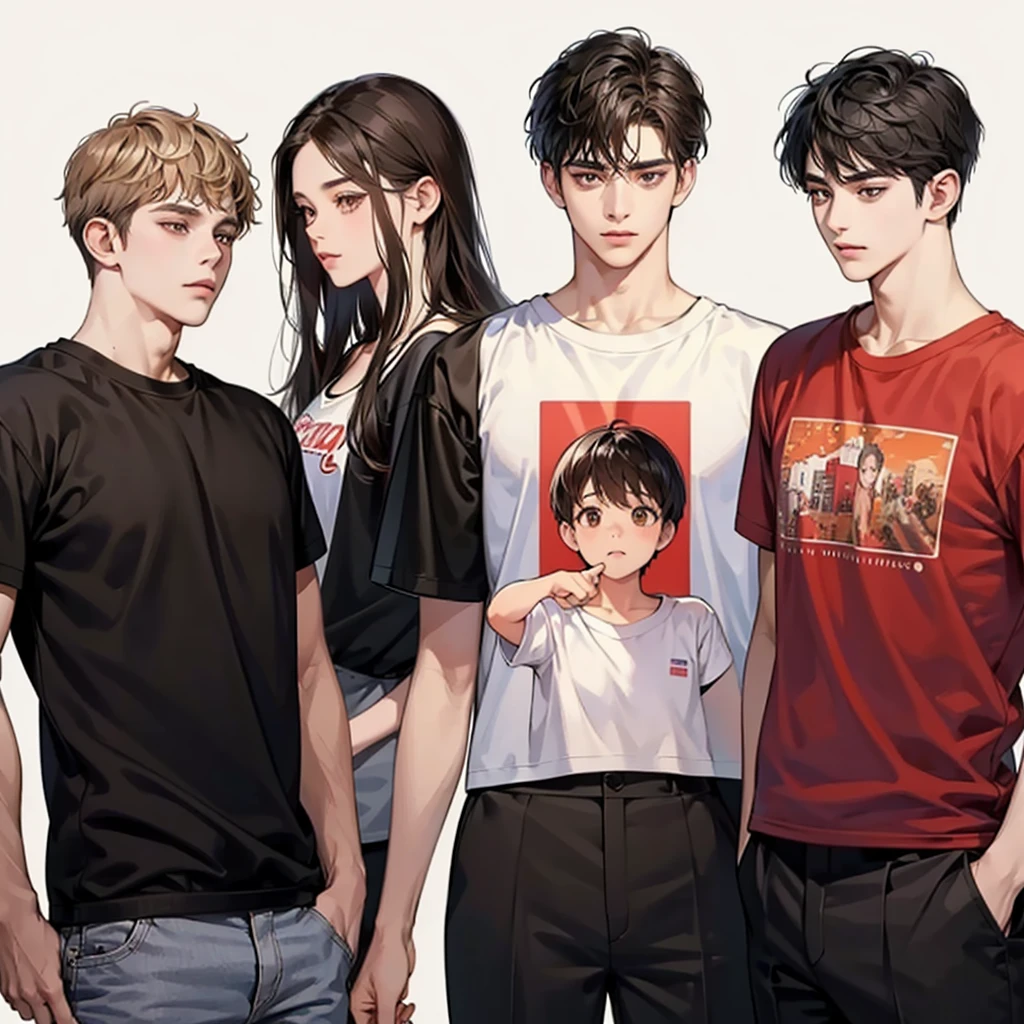 Four boys, black hair, brown eyes, simple background, high resolution, brown hair, stand in a line.., Wear a t-shirt, shut your mouth, handsome, cool,มองตรง