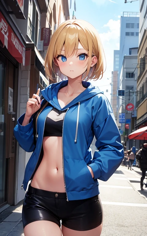 2D Anime Style、blue eyes、Beautiful Eyes, (Talented Lo-Fi:1.3)My breasts have gotten a little bigger、A cool adult woman with short blonde hair and a cold expression,Shorts and long coats that show your stomach(Long sleeve)wear,alone,Walking around the city,European-style cityscape