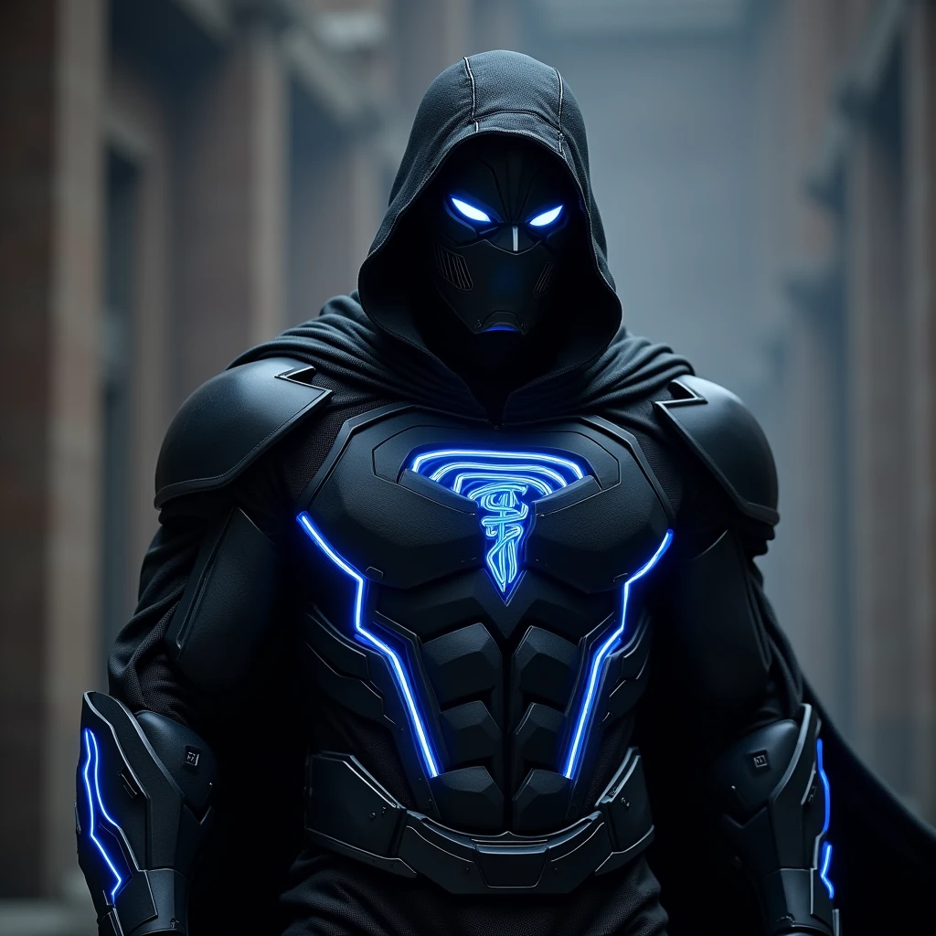 Stealthy armor, superhero, black suit, blue highlights, tornado mask, T logo