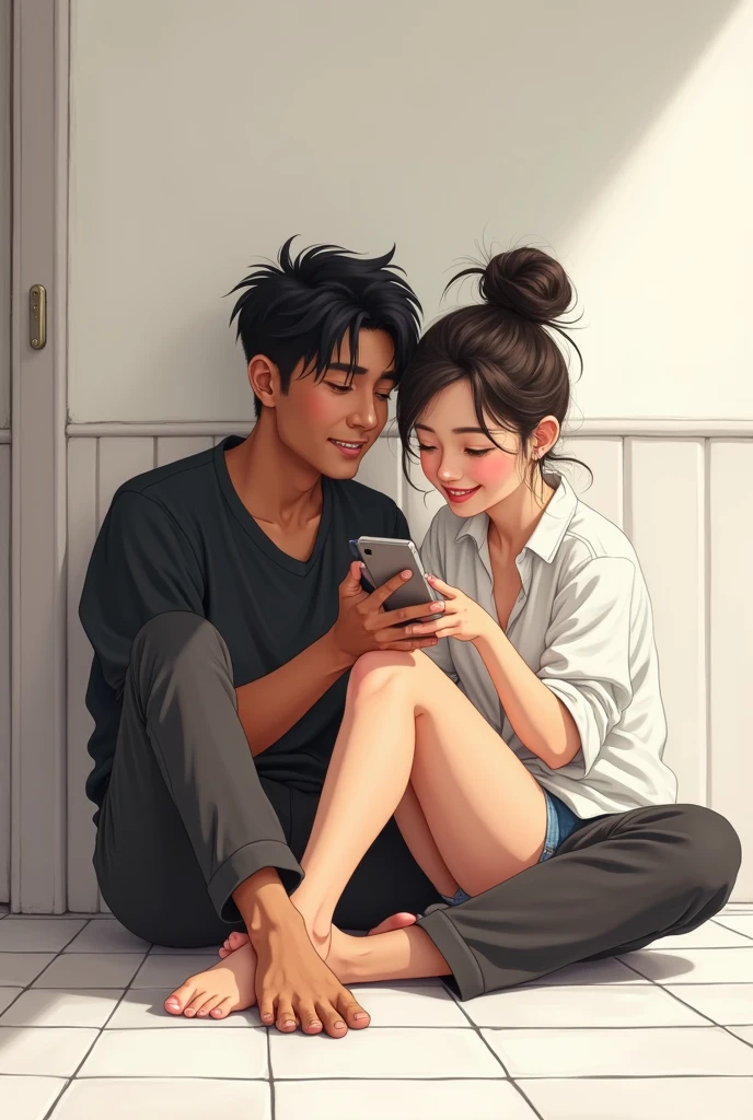 A ccouple sitting on the floor. Girl stiing in between boy's legs. Girl wearing a long white shirt and a short and has a messy top hair bun. Boy wearing a black shirt and a trouser. Girl is fair but biy has a broen skin. Both sitting facing same direction (not looking at eachother)
Both are smiling looking at one phone
Background : a home : white walls, white tiles on the floor.