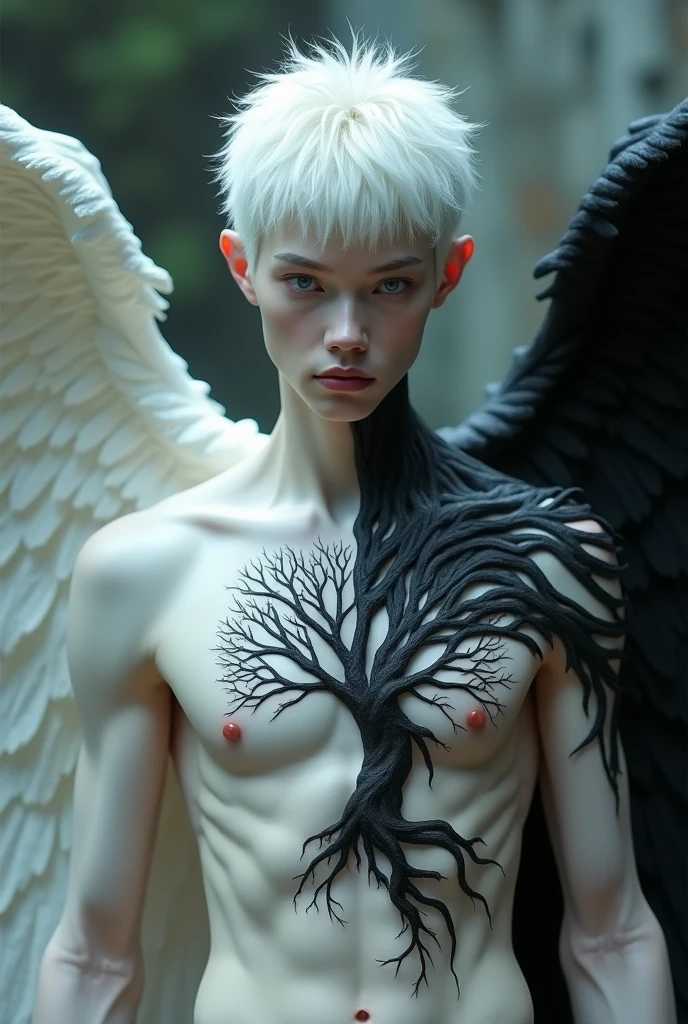 Imagine an albino man, extremely pale skin, almost translucent, Platinum white hair, thin lips with a light pink tone, he has wings, one white and the other black, He has a slender body with defined muscles. , He has a beautiful face, and he has a symbol of the tree of life with wings on his chest 