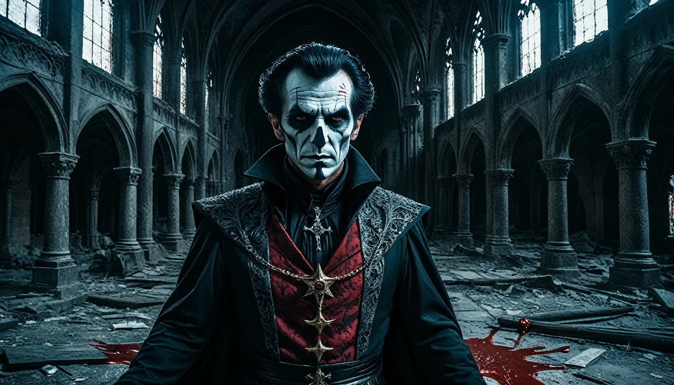 Create an image of an evil magician for me, practicing blood magic and necromancy in an ancient abandoned cathedral in a horror style., Hyperrealistic art cinematic film-photography in the style of detailed hyperrealism photo shoot,RAW,Portra 400 color film,wonderful color,realistic dull skin noise,Thorough,analog style,top quality,skin pores,Sharp Focus,dappled lighting,granularity,снято на Sony A7R IV,18 mm F/1.7-cine lens,(very detailed, confusingly detailed),8 K,HDR, . creepy, alarming, Dark, creepy, alarming, gloomy, very detailed