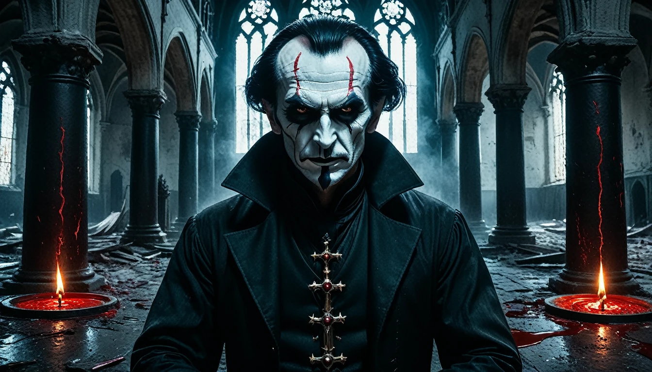 Create an image of an evil magician for me, practicing blood magic and necromancy in an ancient abandoned cathedral in a horror style., Hyperrealistic art cinematic film-photography in the style of detailed hyperrealism photo shoot,RAW,Portra 400 color film,wonderful color,realistic dull skin noise,Thorough,analog style,top quality,skin pores,Sharp Focus,dappled lighting,granularity,снято на Sony A7R IV,18 mm F/1.7-cine lens,(very detailed, confusingly detailed),8 K,HDR, . creepy, alarming, Dark, creepy, alarming, gloomy, very detailed