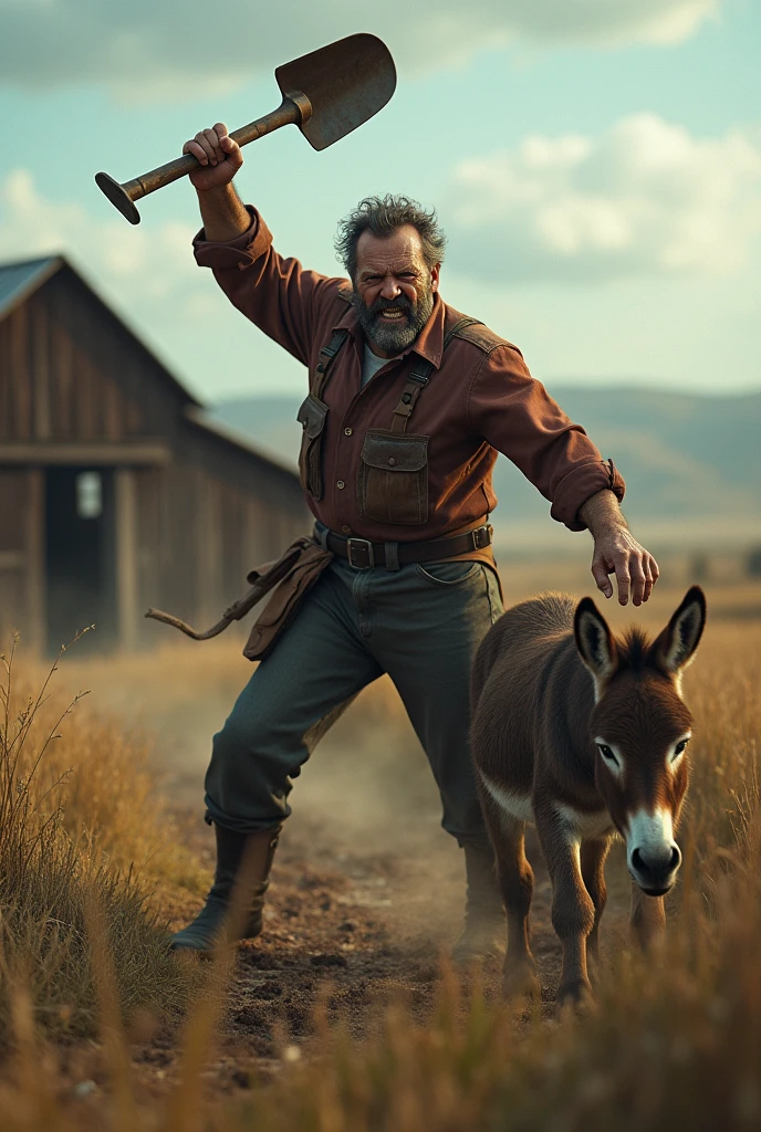 man in his fifties with an angry face on the farm hitting his donkey with a shovel
