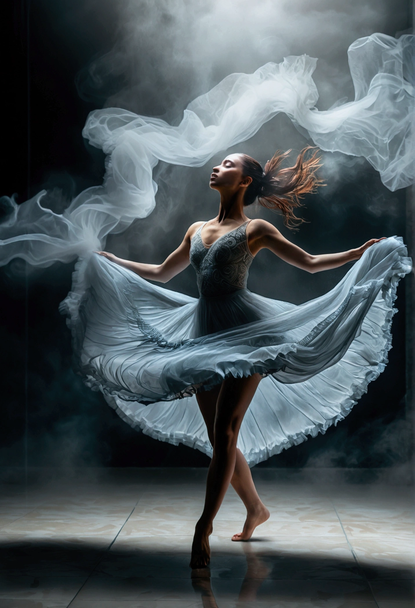 (Mysterious thick Fog), A dancer dancing in the thick fog, her movements appearing light and dreamy in the mist. Using motion capture techniques to showcase dancers' movements and artistic effects in fog. Beautiful cinematic lighting, surreal, RAW photo, color graded, dynamic movement, captivating chiaroscuro, full body, award-winning, cinematic still, emotional, vignette, dynamic, vivid, (masterpiece, best quality, photorealistic, Professional, perfect composition, very aesthetic, absurdres, ultra-detailed, intricate details:1.3)