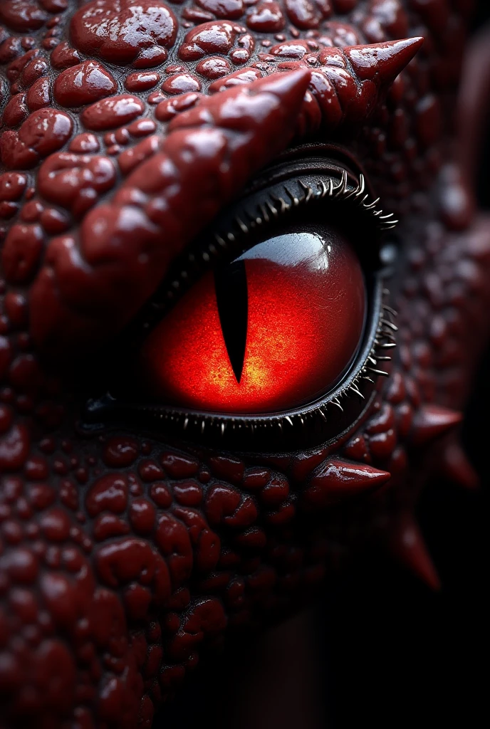 Make a red dragon eye that denotes anger, on a black background and only the eye is visible