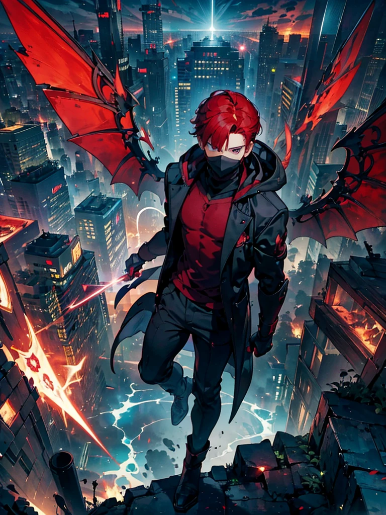 A young man wearing a mask that hides his eyes,A faint magic circle floating in the sky,The blade that cleaves the darkness,The hero who confronts the destruction of the world,Wonderful fantasy,Wine red hair and、A boy with 12 mechanical bladed wings,disaster々A horde of evil monsters,The decisive battle of fate