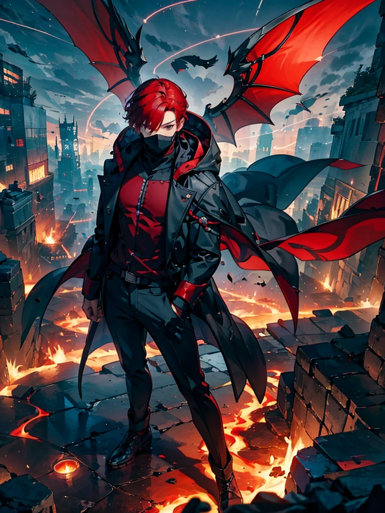 A young man wearing a mask that hides his eyes,A faint magic circle floating in the sky,The blade that cleaves the darkness,The hero who confronts the destruction of the world,Wonderful fantasy,Wine red hair and、A boy with 12 mechanical bladed wings,disaster々A horde of evil monsters,The decisive battle of fate