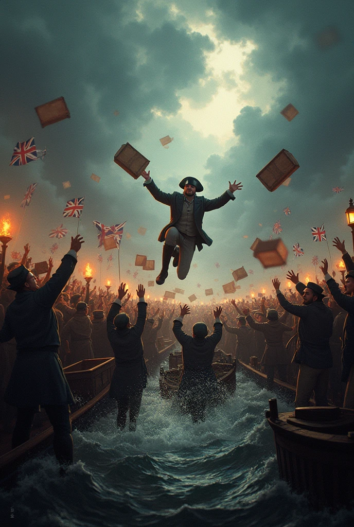 "A dramatic scene of tea chests splashing into the harbor as colonial protesters cheer, with dark stormy clouds overhead."