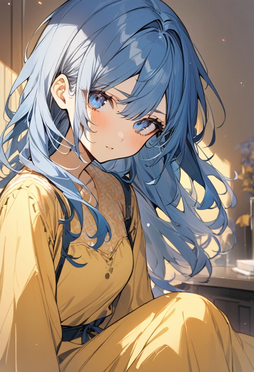 1 girl, messy blue hair, blue eyes, yellow dress