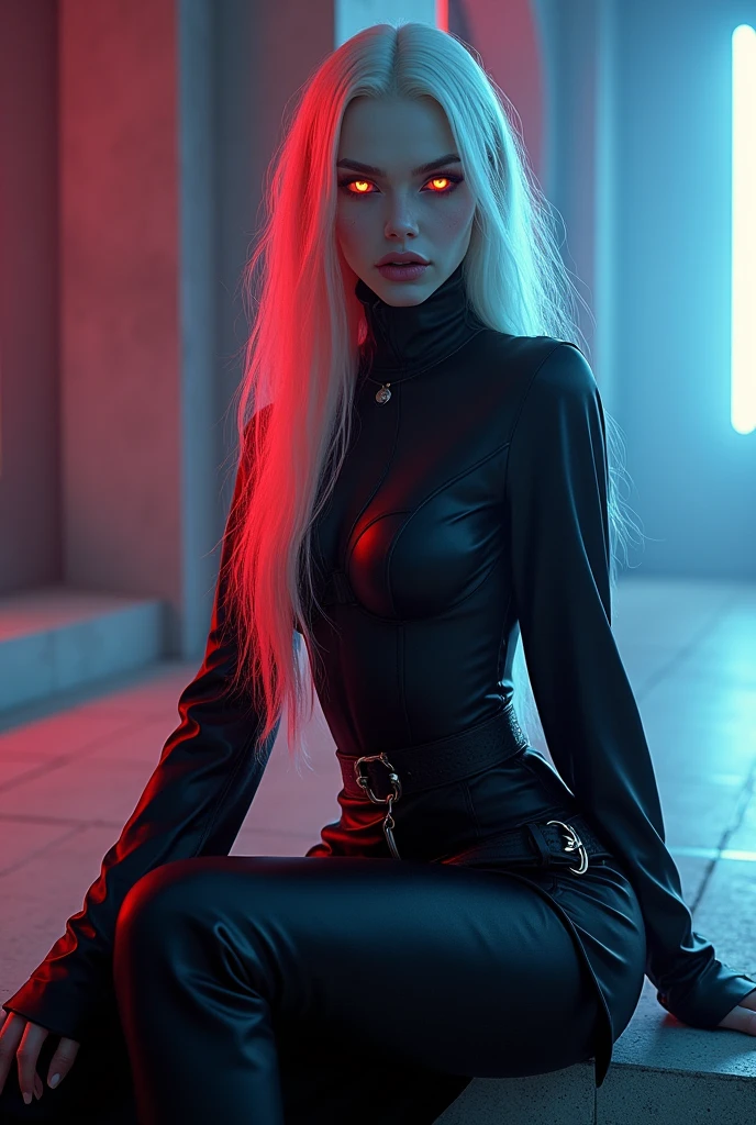 Fashionable of androgynous alien looking witch wearing veil, glowing eyes, beautiful evil slavic muscular woman, pale skin, long hair, futuristic design, minimal details, givenchy, photoreal, 200mm, hd, f/ 2.0, highly detailed, surreal , drop dead, in the style of red and blue, (intricate details, hyperdetailed:1.15) (skin texture:1.2), cinematic, professional, 4k, (((dynamic model pose))), sitting, full body