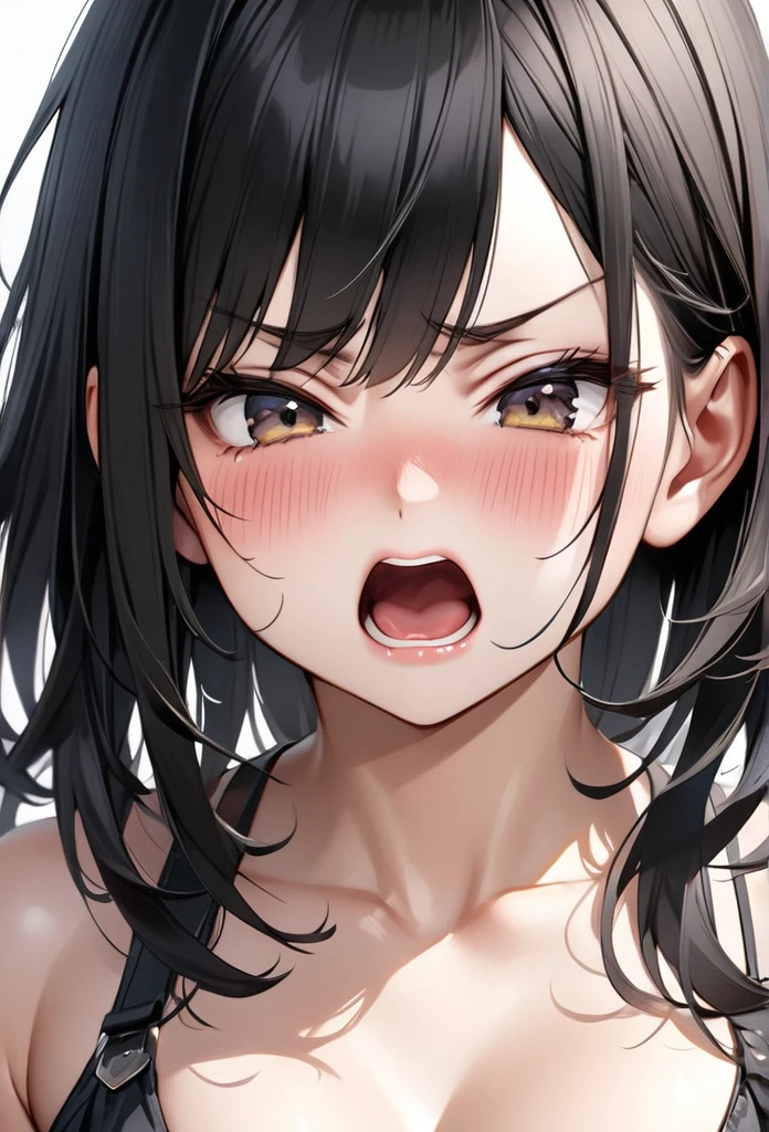 Ultra-realism、chest, accessories, solo, Black Hair、model、Shortcuts、Blushing, A little angry、Close your mouth,