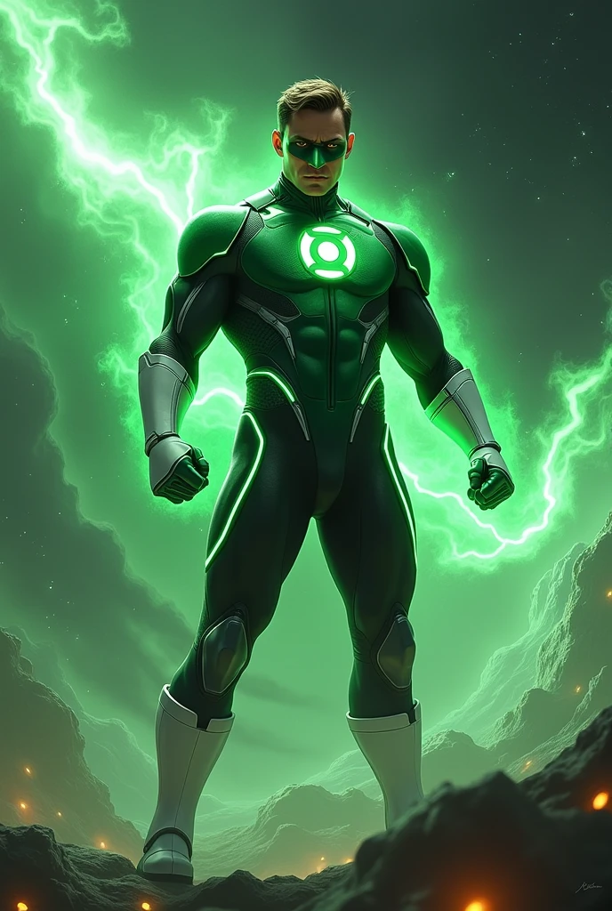 Green Lantern, man, short brown hair, green tech armor with black accents, green lantern insignia, black pants, white boots and gloves, aura, light, space, green mask