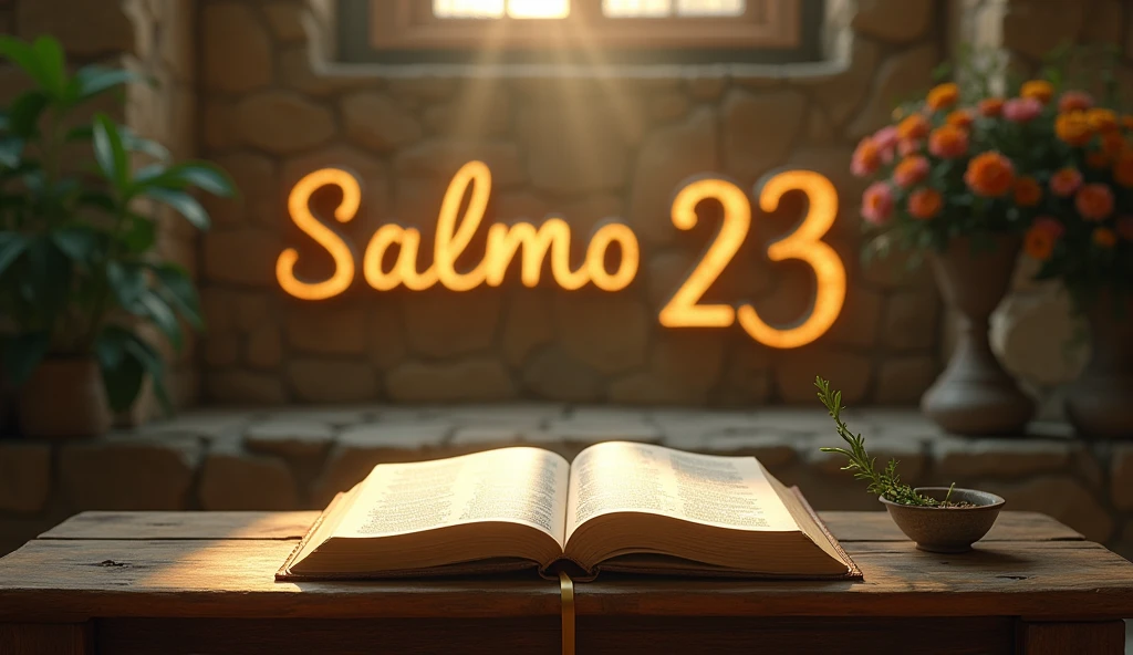 Create a realistic cinematic scene in a serene and spiritual setting. En el centro de la imagen, an open Bible rests on an aged wooden altar, with slightly yellowed pages, Revealing Psalm 23. The soft light of the morning sun filters through a window, illuminating the sacred words delicately. Ao fundo, on a rustic stone wall, The phrase "Salmo 23" it is artistically written in golden letters, enveloped in a soft glow. The atmosphere is one of peace and quiet, with natural elements, like flowers and a small vase with a green twig, complementing the scene.