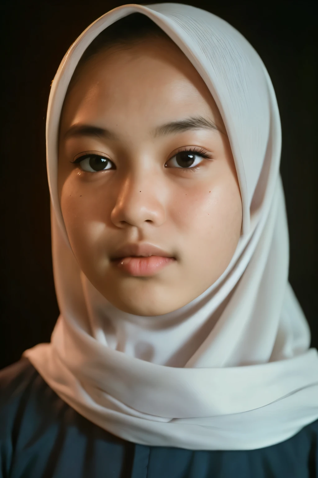 (close-up, editorial photograph of a 18 year old  Indonesian High school girl),  (white hijab), (seragamsmahijab),  (highly detailed face:1.4) (smile:0.7) (background inside dark, moody, private study:1.3) POV, by lee jeffries, nikon d850, film stock photograph ,4 kodak portra 400 ,camera f1.6 lens ,rich colors ,hyper realistic ,lifelike texture, dramatic lighting , cinestill 800,